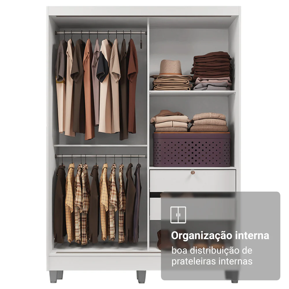 Guarda-Roupa Solteiro Madesa Luke 2 Portas de Correr com Espelho com Pés Branco - Image 5