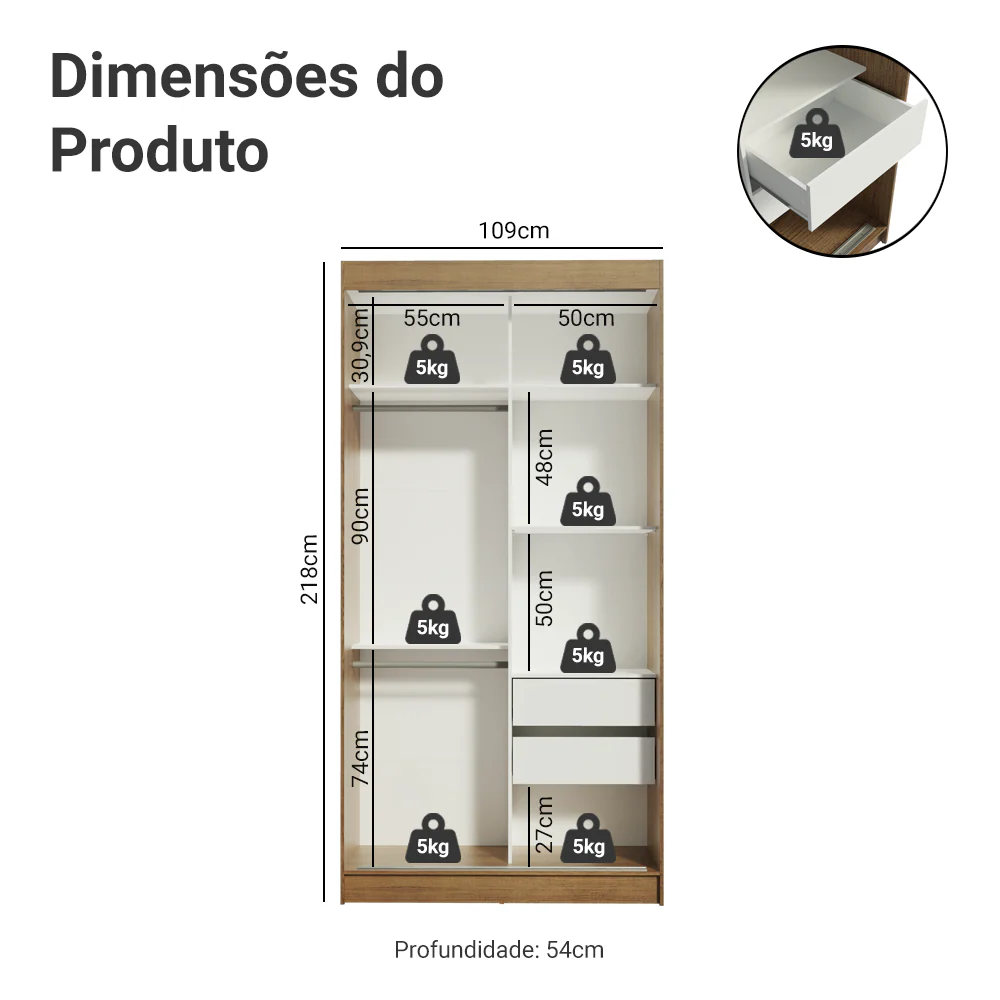 Guarda-Roupa Solteiro Madesa Tokio 2 Portas de Correr 2 Gavetas Rustic/Branco - Image 3