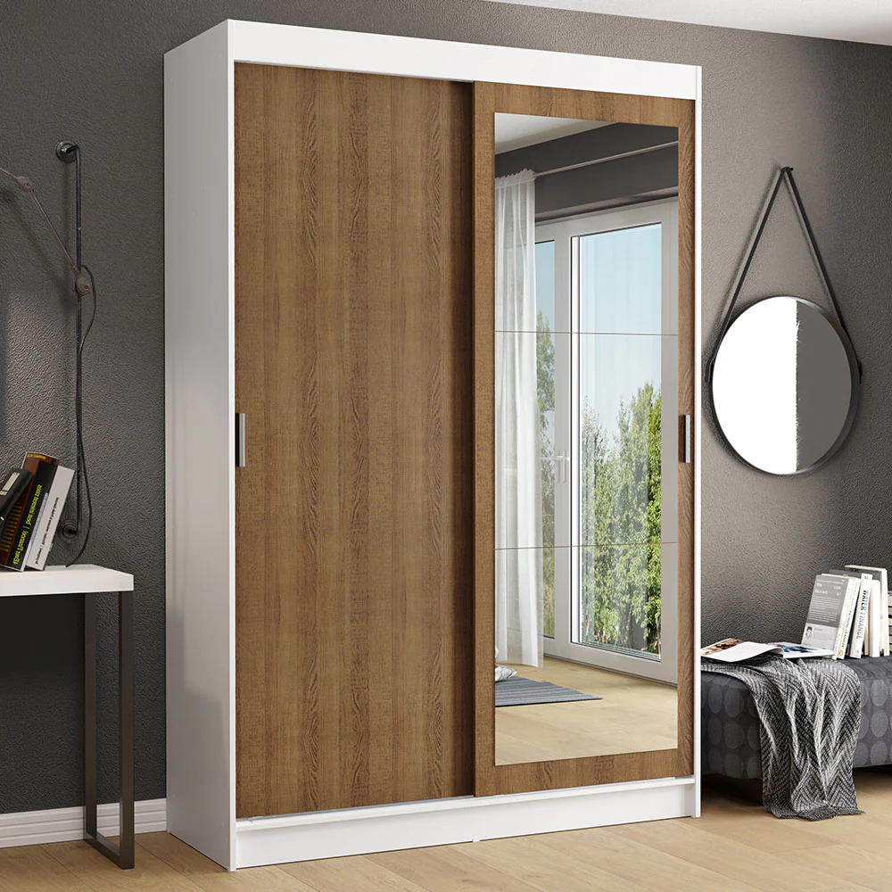 Guarda-Roupa Solteiro Madesa Tokio 2 Portas de Correr com Espelho 2 Gavetas Branco/Rustic
