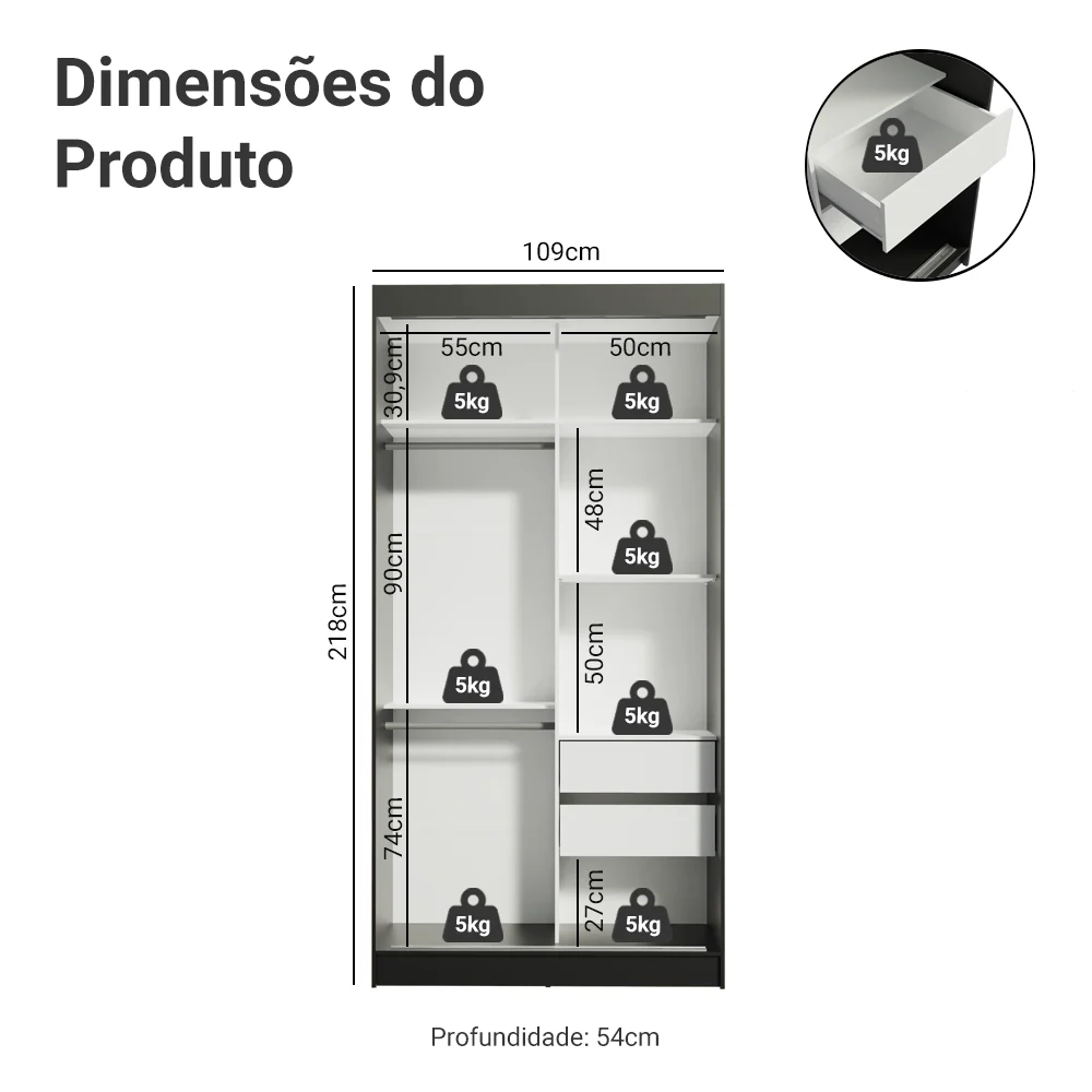 Guarda-Roupa Solteiro Madesa Tokio 2 Portas de Correr com Espelho 2 Gavetas Preto/Rustic - Image 3