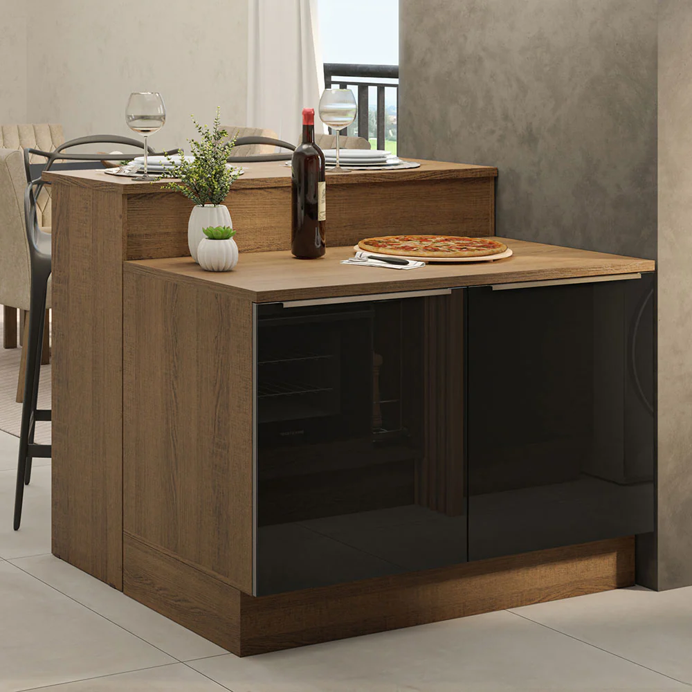 Ilha de Cozinha com Bancada e Balcão 120 cm Rustic/Preto Lux Madesa