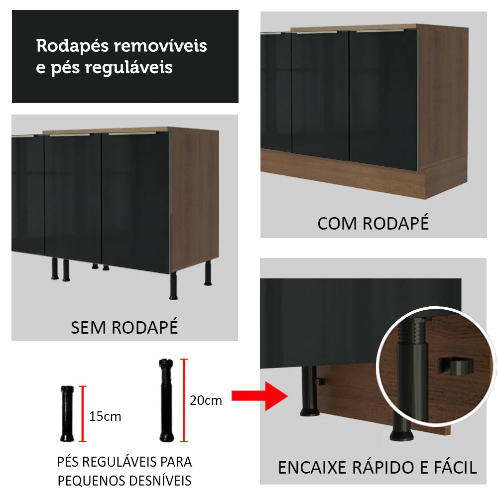 Ilha de Cozinha com Bancada e Balcão 120 cm Rustic/Preto Lux Madesa - Image 8