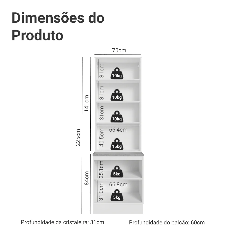 Kit Balcão + Cristaleira 70 cm Branco/Cinza Vik Madesa 01 - Image 3
