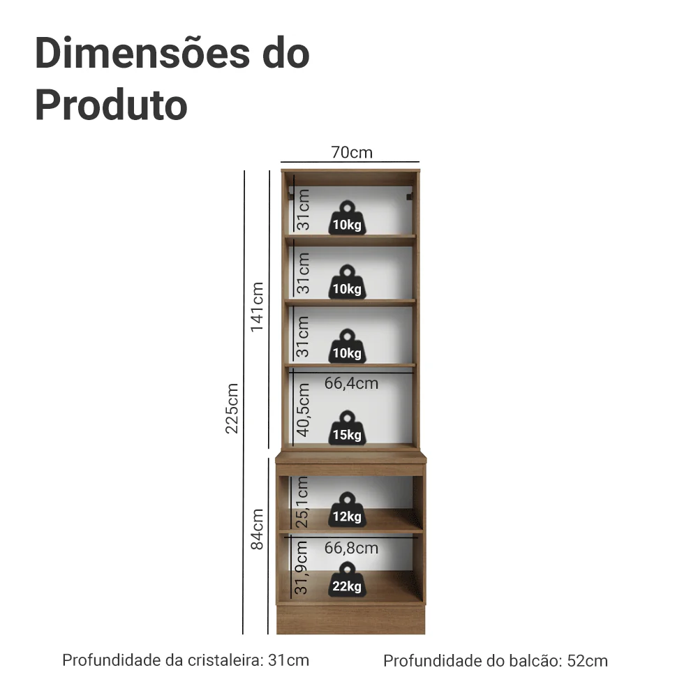 Kit Balcão + Cristaleira 70 cm Rustic/Branco Vik Madesa 02 - Image 3