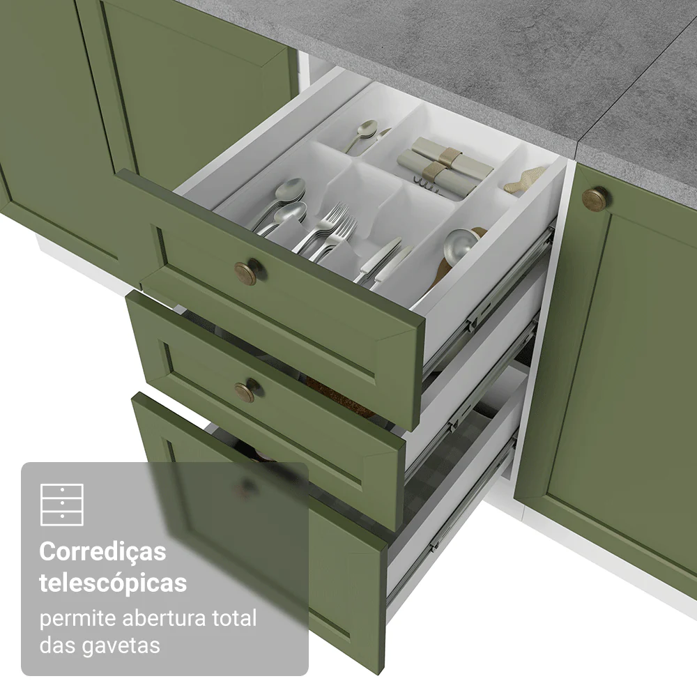 Kit com 2 Balcões de Cozinha 3 Gavetas 4 Portas (Sem Tampo e Pia) Branco/Verde Vik Madesa 01 - Image 7