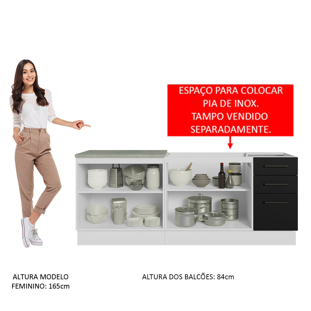 Kit com 2 Balcões de Cozinha Madesa Agata 3 Gavetas 4 Portas (Sem Tampo e Pia) Branco/Preto - Image 5