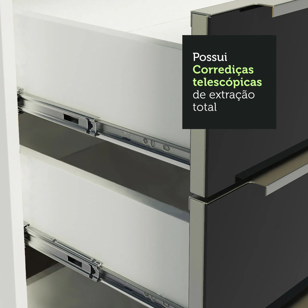 Kit com 2 Balcões de Cozinha 4 Portas 3 Gavetas 200 x 60 cm (Sem Tampo e Pia) Branco/Preto Lux Madesa - Image 7