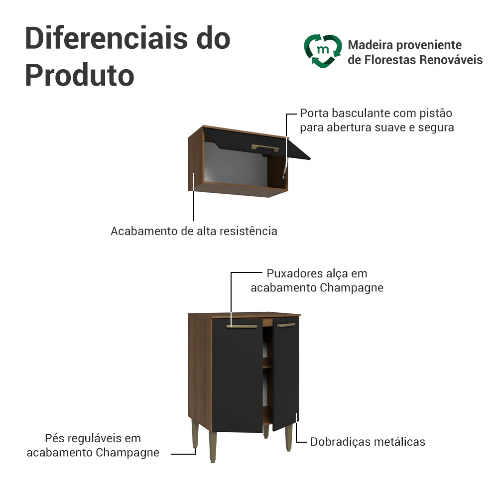 Kit Cozinha com Armário Aéreo e Balcão 60 cm Rustic/Preto Lille Madesa - Image 4