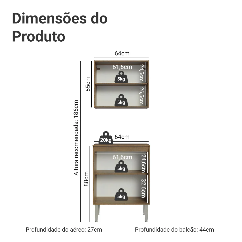 Kit com Armário Aéreo e Balcão 64cm Rustic Emilly Madesa - Image 2
