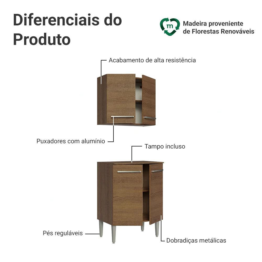 Kit com Armário Aéreo e Balcão 64cm Rustic Emilly Madesa - Image 3