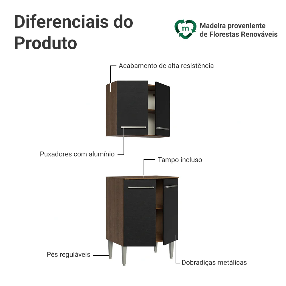 Kit com Armário Aéreo e Balcão 64cm Rustic/Preto Emilly Madesa - Image 3