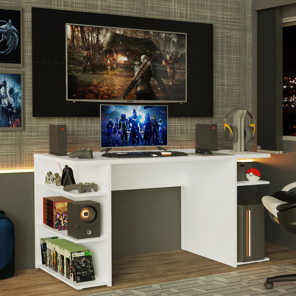 Mesa para Computador Gamer Madesa 9409 e Painel para TV até 50 Polegadas Branco/Preto
