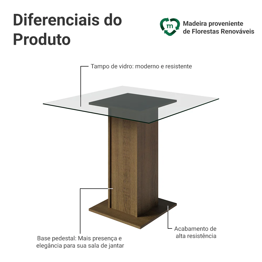 Mesa de Jantar Madesa Quadrada com Tampo de Vidro 5332A Rustic - Image 3