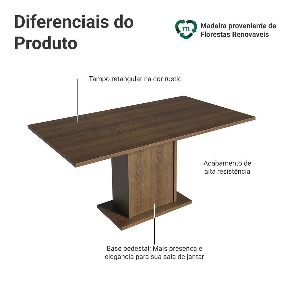 Mesa de Jantar Retangular Tampo de Madeira Rustic 5275 Madesa - Image 3