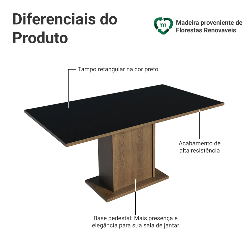Mesa de Jantar Retangular Tampo de Madeira Rustic/Preto 5275 Madesa - Image 3
