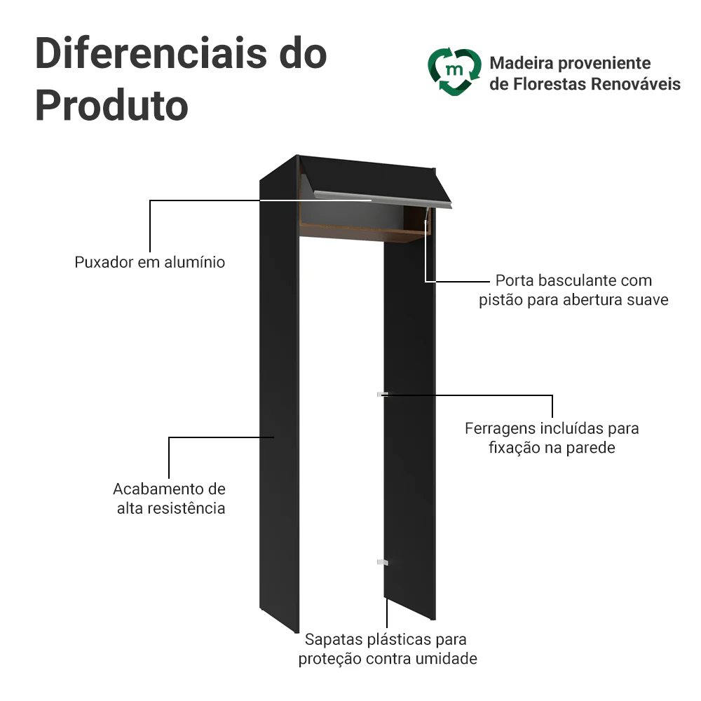 Porta-Geladeira 73 cm 1 Porta Basculante Preto/Rustic/Preto Glamy Madesa - Image 3