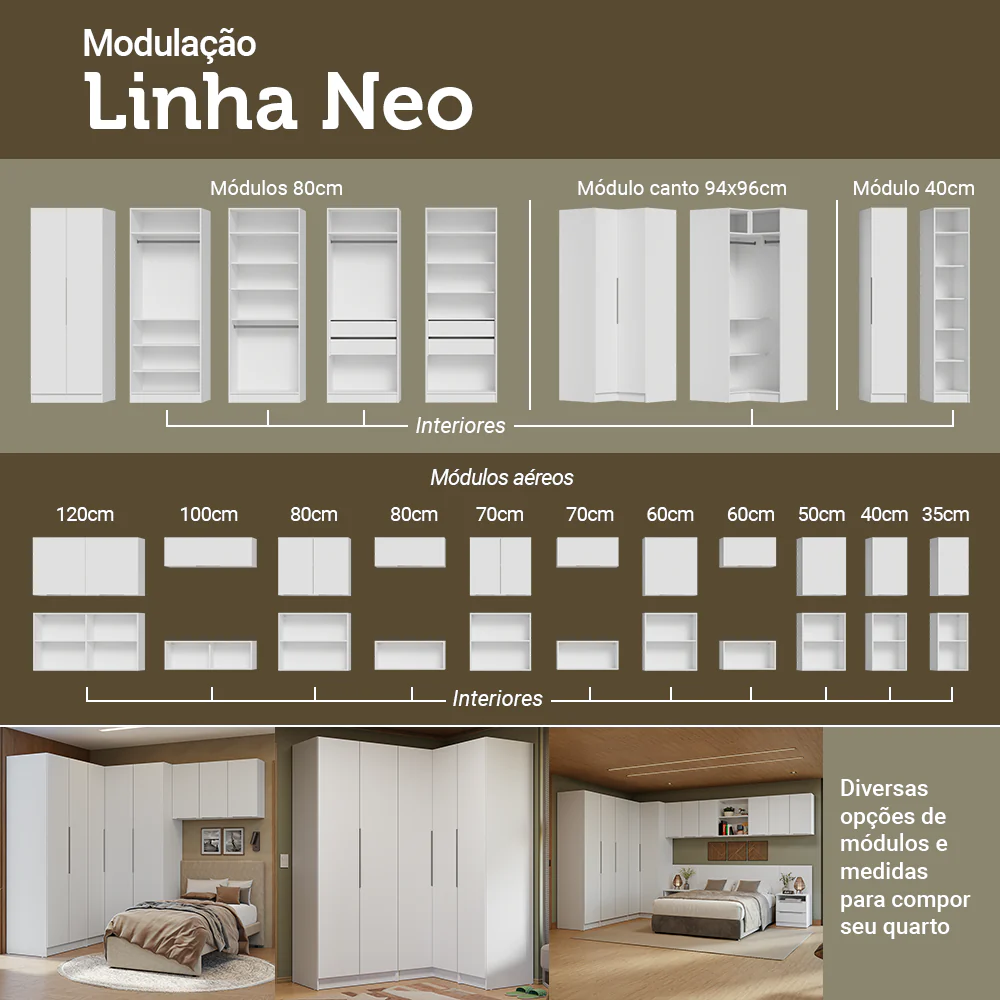 Quarto Completo Casal 580 cm Guarda-Roupa de Canto com Espelhos Branco Neo Madesa 02 - Image 10