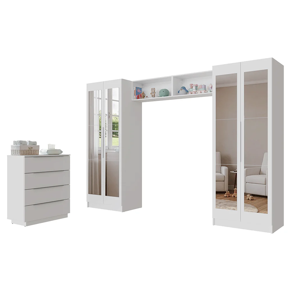 Quarto Infantil com 2 Guarda-Roupas Neo com Espelhos 2 Aéreos 1 Cômoda Branco Madesa 04 - Image 2