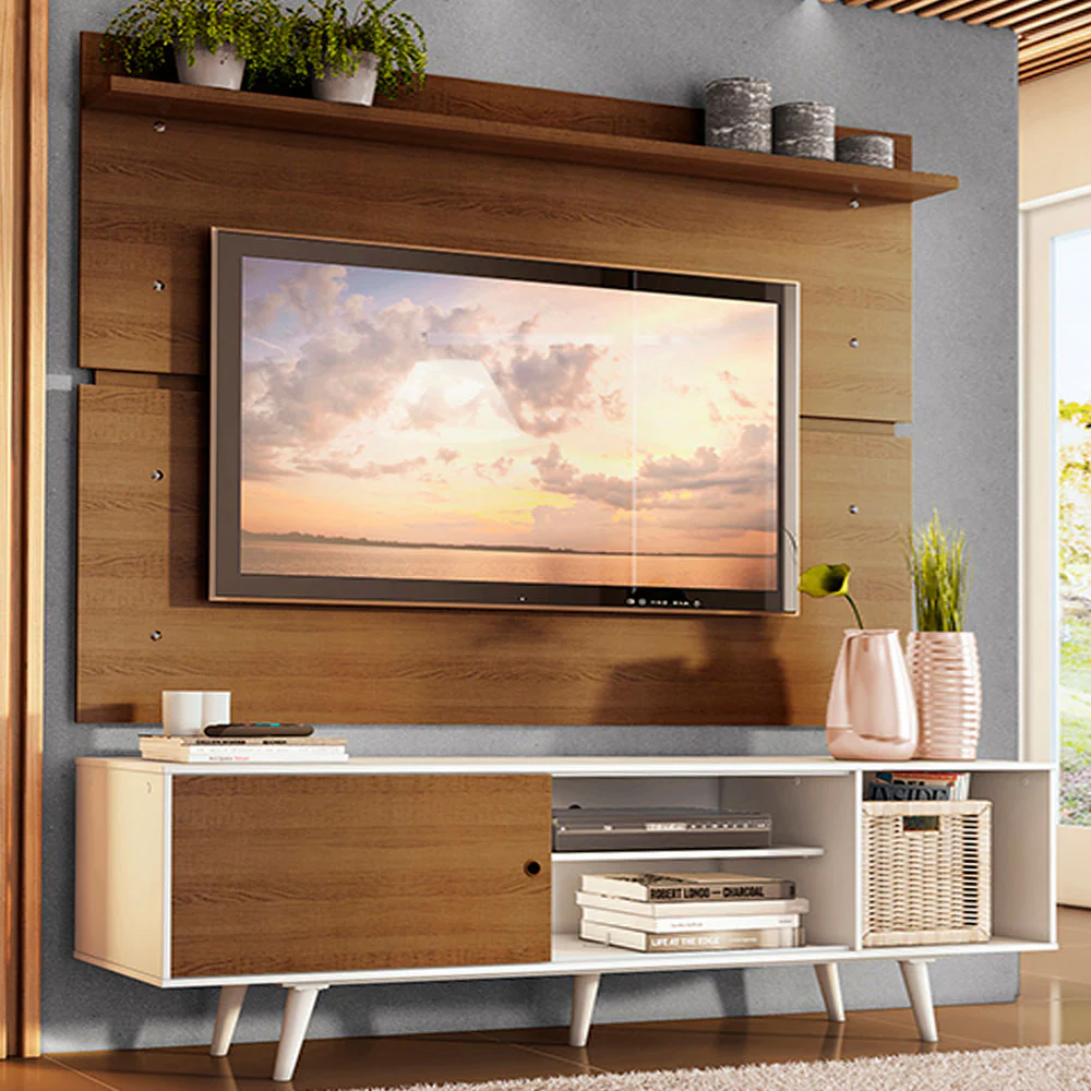 Rack Madesa Dubai e Painel para TV até 65 Polegadas com Pés Branco/Rustic 9B6E