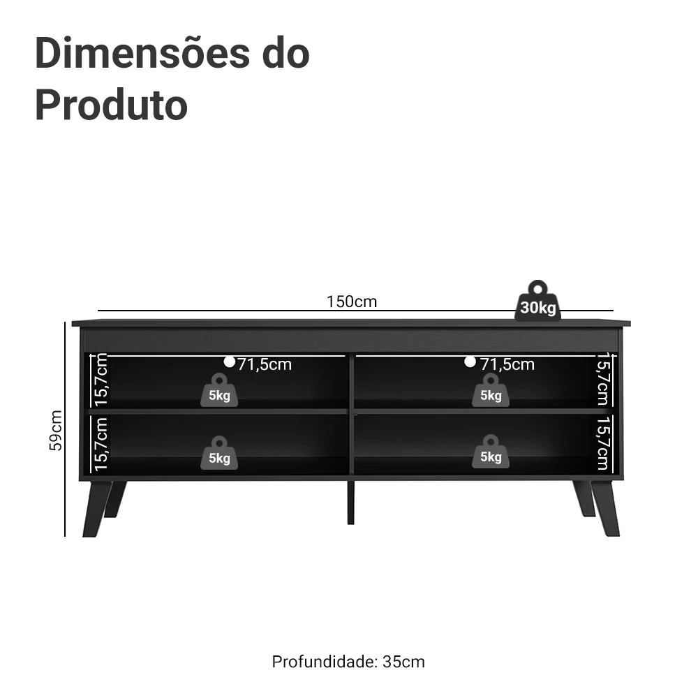 Rack para TV até 65 Polegadas com Pés Preto Turim Madesa - Image 3