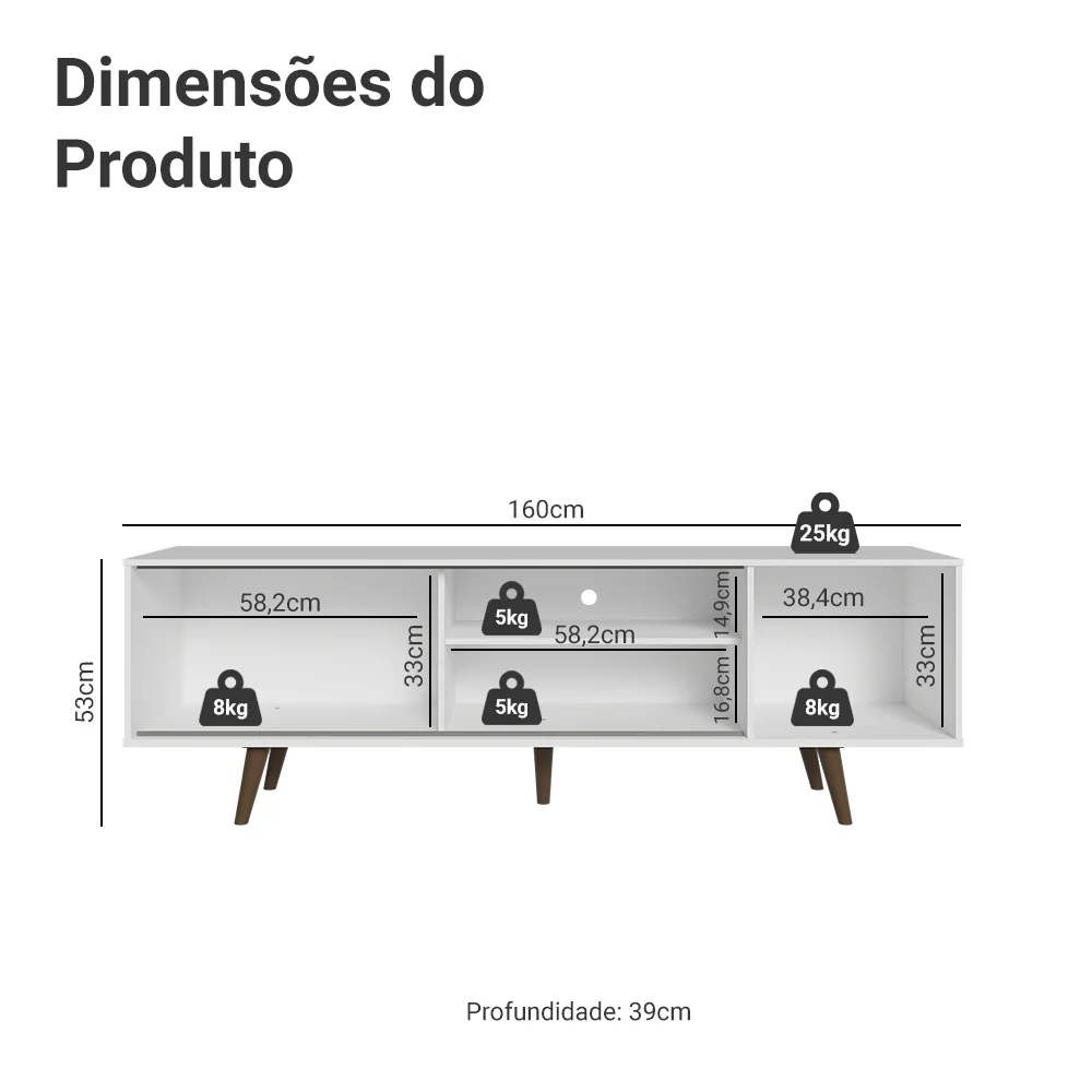 Rack para TV até 80 Polegadas 160cm com Pés Branco/Rustic Torino Madesa - Image 3