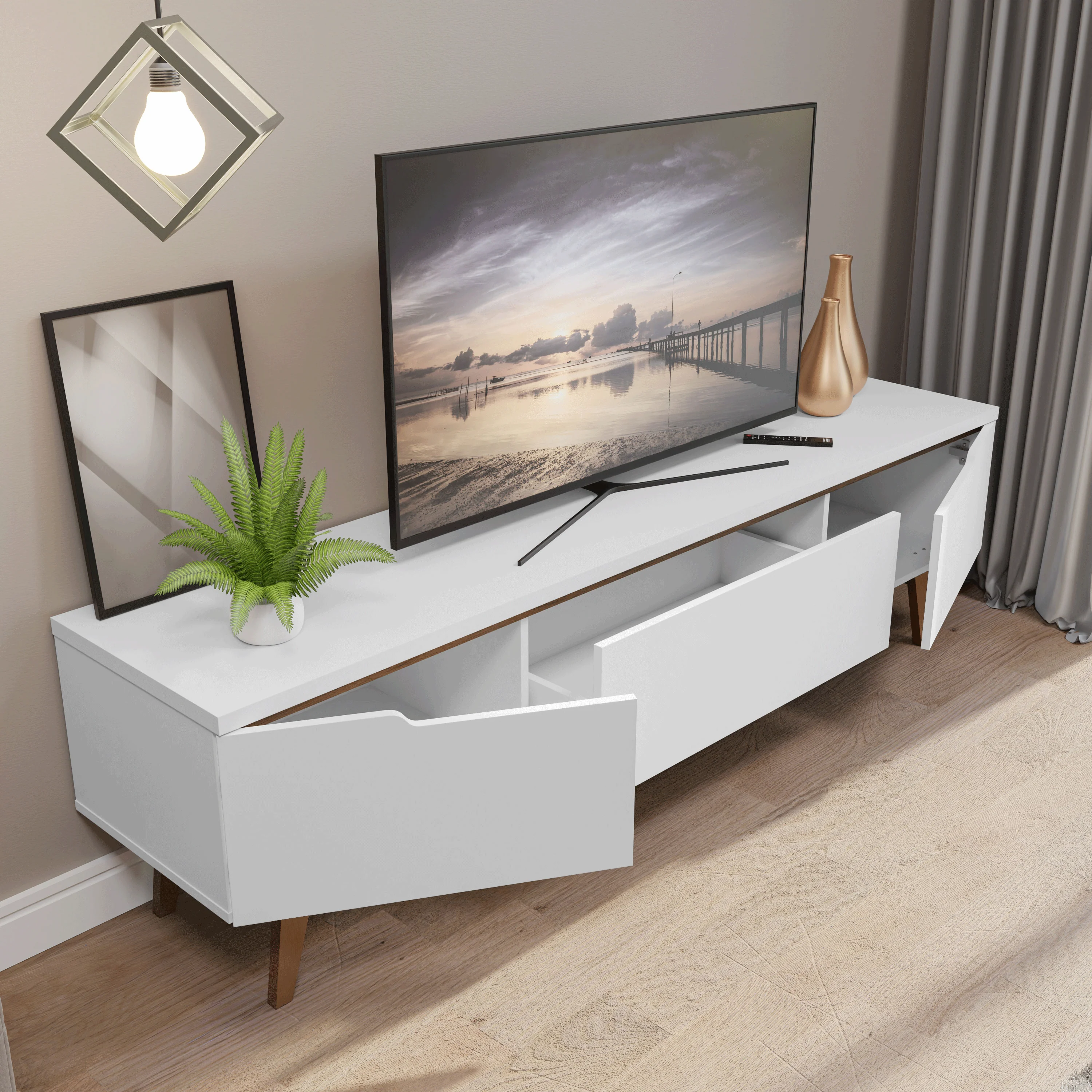 Rack para TV até 80 Polegadas 180cm 2 Portas 1 Gaveta Branco/Rustic Toronto Madesa - Image 7