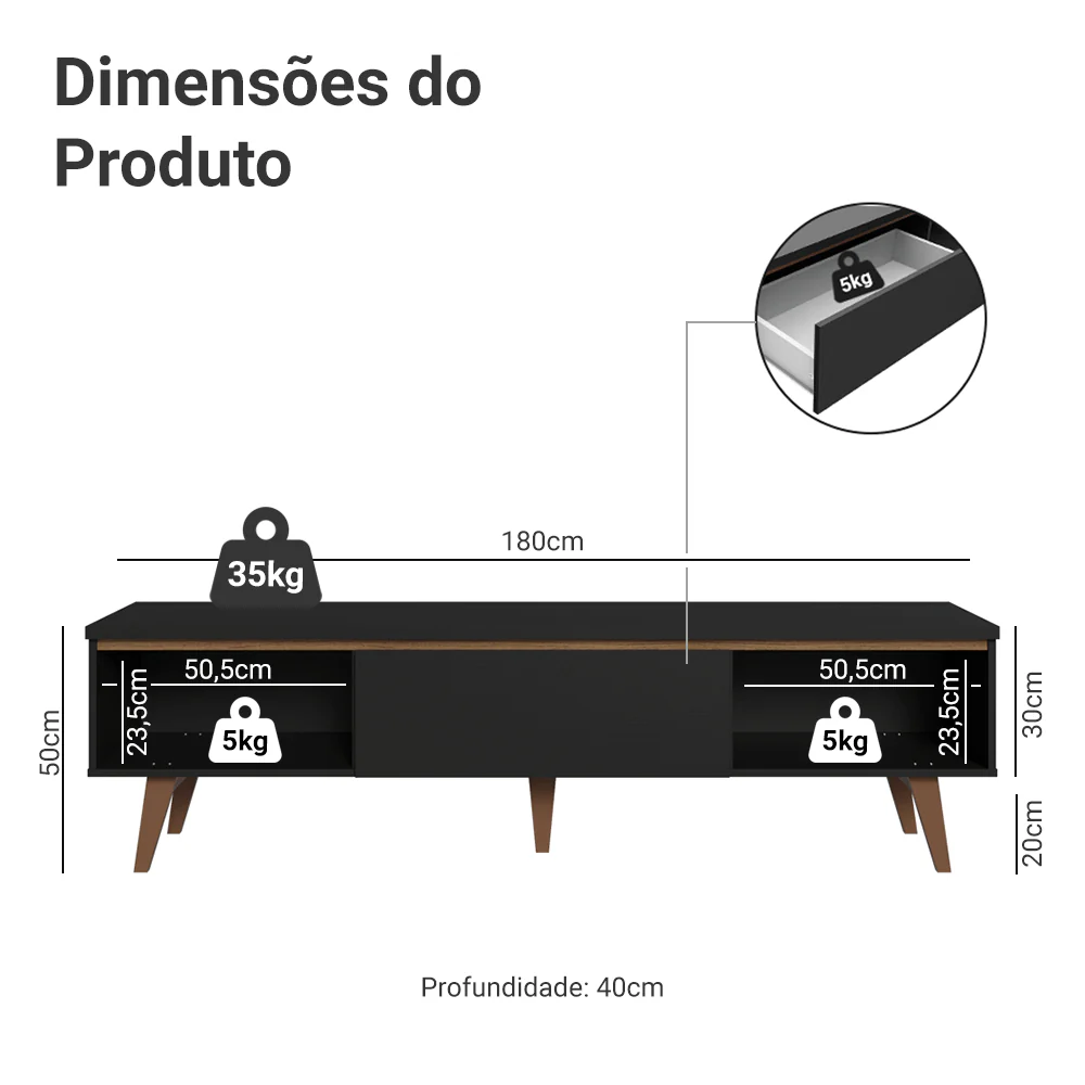 Rack para TV até 80 Polegadas 180cm 2 Portas 1 Gaveta Preto/Rustic Toronto Madesa - Image 3