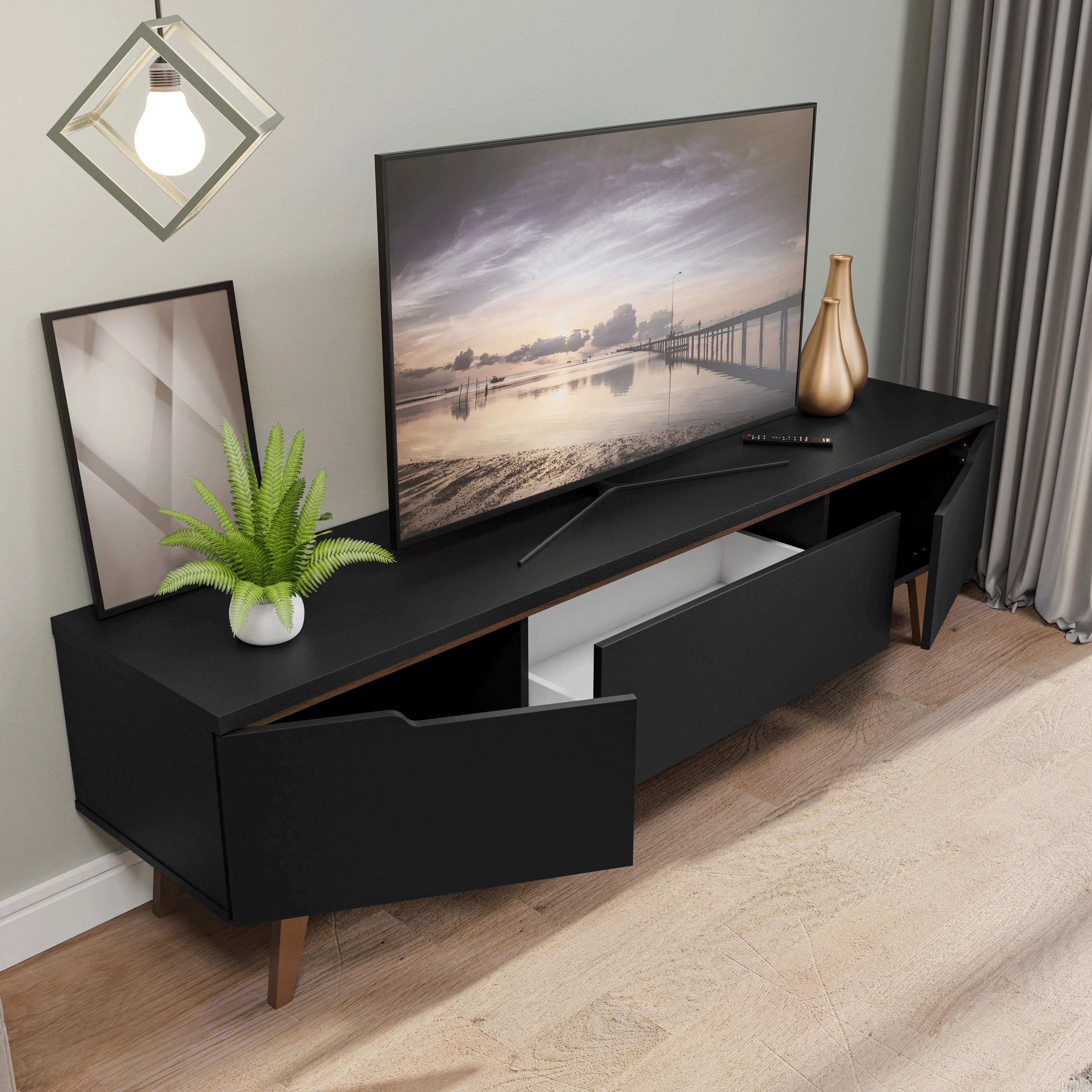 Rack para TV até 80 Polegadas 180cm 2 Portas 1 Gaveta Preto/Rustic Toronto Madesa - Image 7