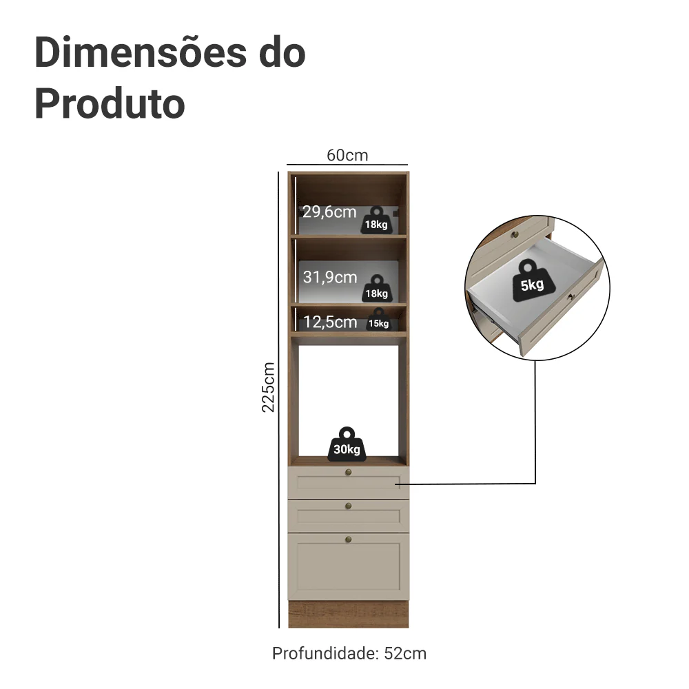 Torre Quente 60 cm 1 Porta 3 Gavetas Rustic/Crema Vik Madesa - Image 2