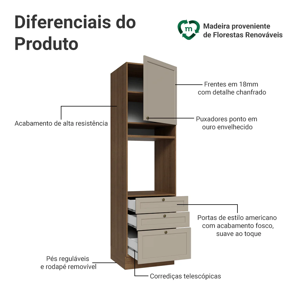 Torre Quente 60 cm 1 Porta 3 Gavetas Rustic/Crema Vik Madesa - Image 3