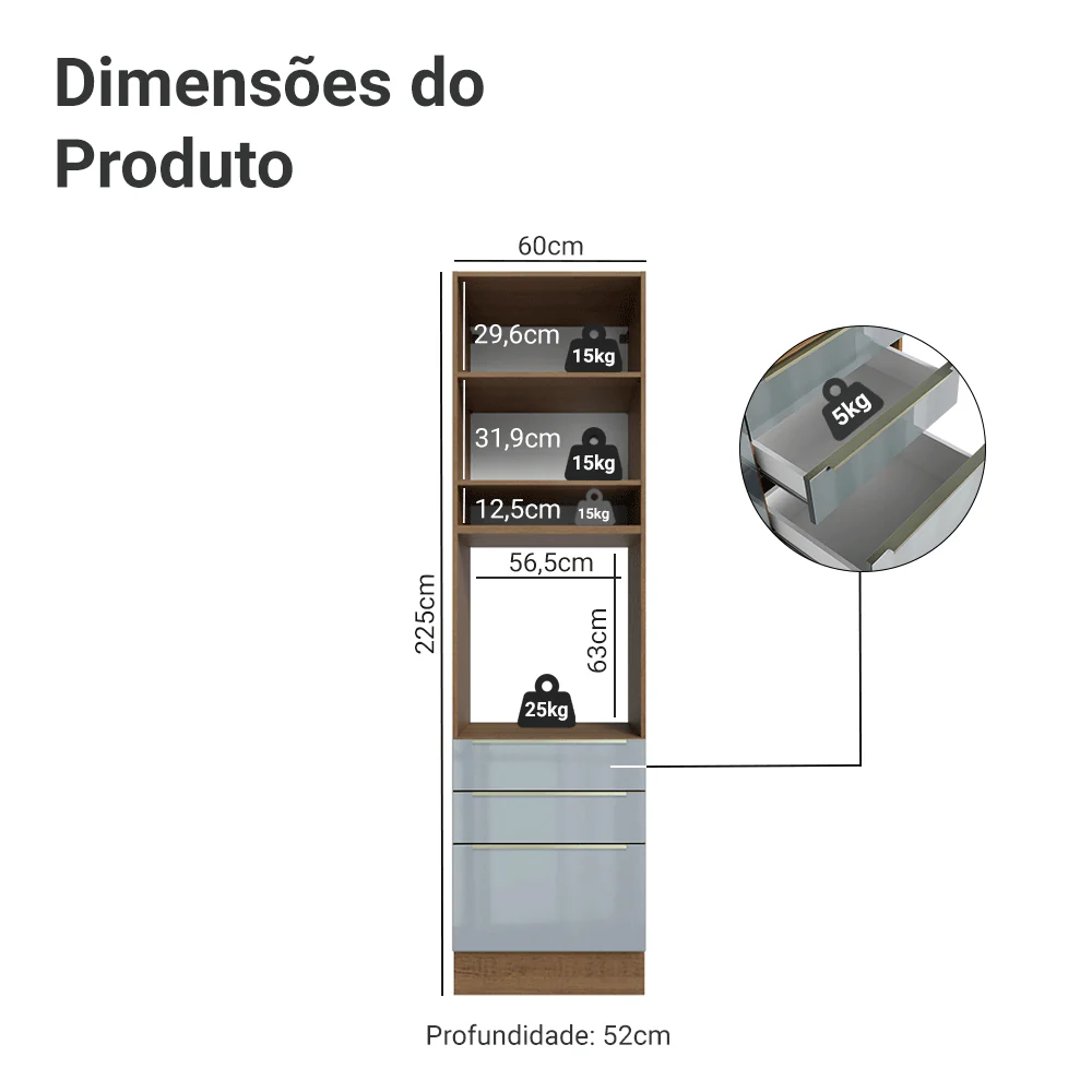 Torre Quente 60 cm 1 Porta e 3 Gavetas Rustic/Cinza Lux Madesa - Image 2