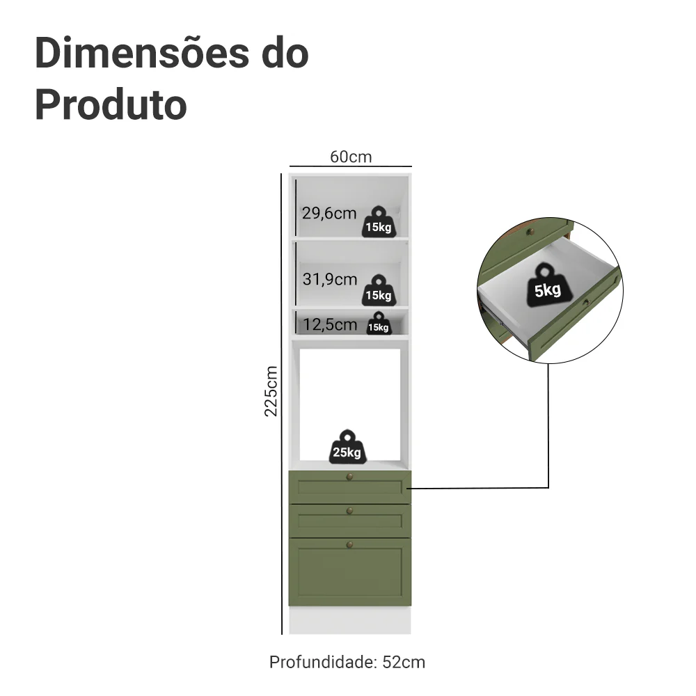 Torre Quente 60 cm 1 Porta 3 Gavetas Branco/Verde Vik Madesa - Image 2