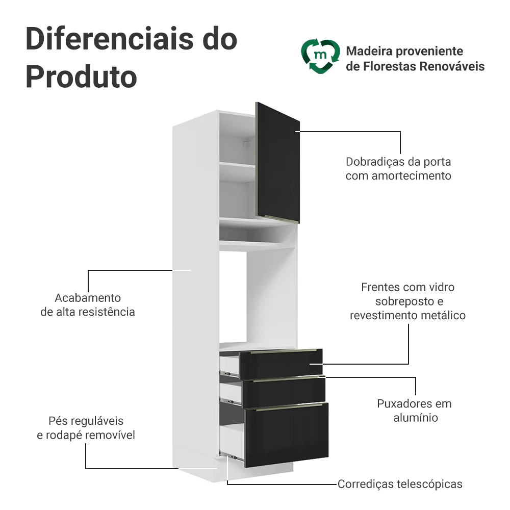 Torre Quente 60 x 60 cm 1 Porta 3 Gavetas Branco/Preto Lux Madesa - Image 3